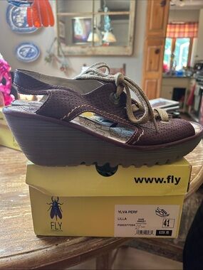 Fly London Lace-Up Perforated Slingback Wedge in Plum